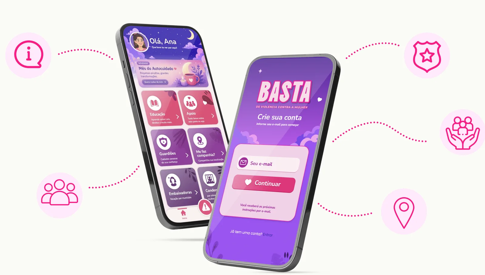 Aplicativo da mulher conectado a informação, rede de apoio, guardiões, voluntários e localização