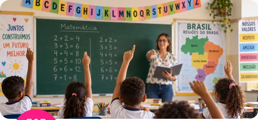 Professora e alunos em sala de aula